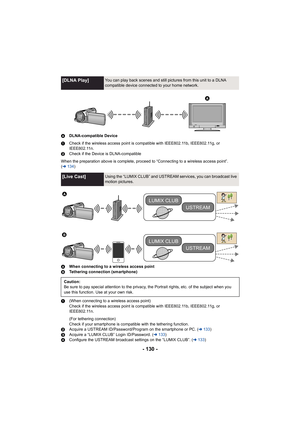 Page 130- 130 -
ADLNA-compatible Device
1 Check if the wireless access point is compatible with IEEE802.11b, IEEE802.11g, or 
IEEE802.11n.
2 Check if the Device is DLNA-compatible
When the preparation above is complete, proceed to “Connecting to a wireless access point”. 
( l 134 )
A When connecting to a wireless access point
B Tethering connection (smartphone)
1 (When connecting to a wireless access point)
Check if the wireless access point is compatible with IEEE802.11b, IEEE802.11g, or 
IEEE802.11n.
(For...