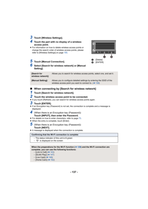 Page 137- 137 -
3Touch [Wireless Settings].
4Touch the part with no display of a wireless 
access point.
≥For information on how to delete wireless access points or 
change the search order of wireless access points, please 
refer to [Wireless Settings] on page 155 .
5Touch [Manual Connection].
6Select [Search for wireless network] or [Manual 
Setting].
∫When connecting by [Search for wireless network]
1Touch [Search for wireless network].
2Touch the wireless access point to be connected.≥If you touch [Refresh],...