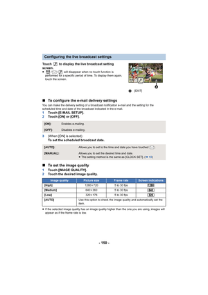 Page 150- 150 -
Touch   to display the live broadcast setting 
screen.
≥/ /  will disappear when no touch function is 
performed for a specific period of time. To display them again, 
touch the screen.
∫ To configure the e-mail delivery settings
You can make the delivery setting of a broadcast notification e-mail and the setting for the 
scheduled time and date of the broadcast indicated in the e-mail.
1 Touch [E-MAIL SETUP].
2 Touch [ON] or [OFF].
3 (When [ON] is selected)
To set the scheduled broadcast date....