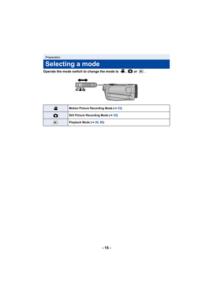 Page 16- 16 -
Operate the mode switch to change the mode to  ,   or  .
Preparation
Selecting a mode
Motion Picture Recording Mode (l23)
Still Picture Recording Mode (l 25)
Playback Mode ( l29, 88 ) 