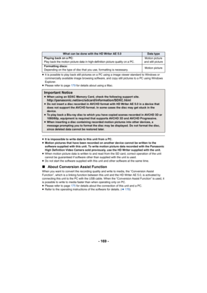Page 169- 169 -
≥It is possible to play back still pictures on a PC using a image viewer standard to Windows or 
commercially available image browsing software, and copy still pictures to a PC using Windows 
Explorer.
≥ Please refer to page 179 for details about using a Mac.
≥It is impossible to write data to this unit from a PC.
≥ Motion pictures that have been recorded on another device cannot be written to the 
software supplied with this unit. To write motion picture data recorded with the Panasonic 
High...