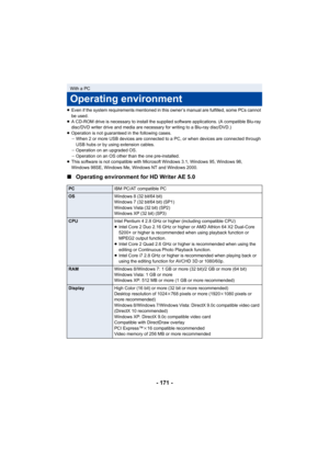 Page 171- 171 -
≥Even if the system requirements mentioned in this owner’s manual are fulfilled, some PCs cannot 
be used.
≥ A CD-ROM drive is necessary to install the supplied software applications. (A compatible Blu-ray 
disc/DVD writer drive and media are necessary for writing to a Blu-ray disc/DVD.)
≥ Operation is not guaranteed in the following cases.
jWhen 2 or more USB devices are connected to a PC, or when devices are connected through 
USB hubs or by using extension cables.
j Operation on an upgraded...