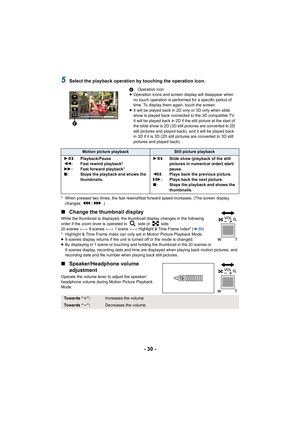 Page 30- 30 -
5Select the playback operation by touching the operation icon.
* When pressed two times, the fast rewind/fast forward speed increases. (The screen display changes / .)
∫ Change the thumbnail display
While the thumbnail is displayed, the thumbnail display changes in the following 
order if the zoom lever is operated to   side or   side.
20 scenes () 9 scenes () 1 scene () Highlight & Time Frame Index* (l89)* Highlight & Time Frame Index can only set in Motion Picture Playback Mode.
≥9 scenes...