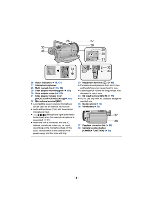 Page 8- 8 -
26Status indicator ( l15, 134 )
27 Internal microphones
28 Multi manual ring ( l55, 58 )
29 Shoe adaptor mounting part ( l202 )
30 Shoe adaptor cover ( l202 )
31 Shoe adaptor release lever 
[SHOE ADAPTOR RELEASE] ( l202 )
32 Microphone terminal [MIC]
≥ A compatible plug-in powered microphone 
can be used as an external microphone.
≥ Audio will be stereo (2 ch) with the external 
microphone input.
≥  (Microphone input level meter) 
is displayed when the external microphone is 
connected. ( l81)
≥...