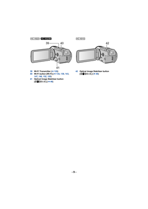 Page 9- 9 -
/
39 Wi-Fi Transmitter ( l128 )
40 Wi-Fi button [Wi-Fi] ( l134,  139, 143, 
147 , 148 , 152 , 155 )
41 Optical Image Stabilizer button 
[ O.I.S.] ( l46) 42
Optical Image Stabilizer button 
[ O.I.S.] ( l46)HC-X920HC-X920M
41 40
39
HC-X910
42 