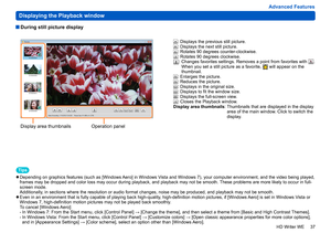 Page 37
37
HD Writer WE
Advanced Features
Displaying the Playback window
  During still picture display
:   Displays the previous still picture.:  Displays the next still picture.: Rotates 90 degrees counter-clockwise.: Rotates 90 degrees clockwise.:  Changes favorites settings. Removes a point from favorites with . 
When you set a still picture as a favorite,  will appear on the 
thumbnail.
: Enlarges the picture.: Reduces the picture.: Displays in the original size.: Displays to fit the window size.: Displays...