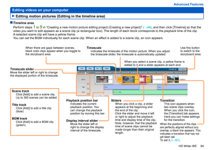 Page 64
64
HD Writer WE
Advanced Features
 
Editing videos on your computer
 
Timeline area
Perform steps 1 to 9 in “Creating a new motion picture editing project (Creating a new project)”  (→44) , and then click [Timeline] so that the 
video you want to edit appears as a scene clip (a rectangular box).  The length of each block corresponds to the playback time of the clip.
A selected scene clip will have a yellow frame.
You can set the BGM individually for each scene clip. When an effect is added to a scene...