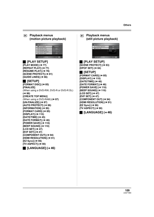 Page 109109LSQT1093
Others
Playback menus
(motion picture playback)
ª[PLAY SETUP]
[PLAY MODE] (l77)
[REPEAT PLAY] (l77)
[RESUME PLAY] (l78)
[SCENE PROTECT] (l81)
[GUIDE LINES] (l66)
ª[SETUP]
[FORMAT DISC] (l85)
[FINALIZE]
(When using a DVD-RW, DVD-R or DVD-R DL) 
(l86)
[CREATE TOP MENU]
(When using a DVD-RAM) (l87)
[UN-FINALIZE] (l87)
[AUTO PROTECT] (l88)
[INFORMATION] (l89)
[FORMAT CARD] (l85)
[DISPLAY] (l110)
[DATE/TIME] (l45)
[DATE FORMAT] (l46)
[POWER SAVE] (l110)
[BEEP SOUND] (l110)
[LCD SET] (l47)
[EVF...