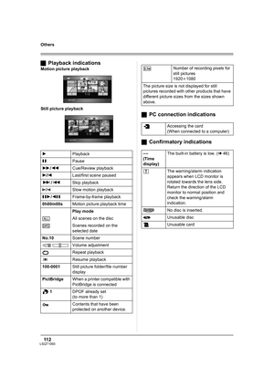 Page 11211 2LSQT1093
Others
ªPlayback indications
Motion picture playback
Still picture playback
ªPC connection indications
ªConfirmatory indications
1Playback
;Pause
5/6Cue/Review playback
7/8Last/first scene paused
9/:Skip playback
D/ESlow motion playback
;1/2;Frame-by-frame playback
0h00m00sMotion picture playback time
Play mode
All scenes on the disc
Scenes recorded on the 
selected date
No.10Scene number
Volume adjustment
Repeat playback
Resume playback
100-0001Still picture folder/file number 
display...