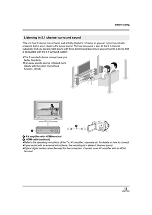 Page 15Before using
15LSQT1093
This unit has 5 internal microphones and a Dolby Digital 5.1 Creator so you can record sound with 
presence that is even closer to the actual sound. The low bass area is sent to the 0.1 channel 
subwoofer and you can playback sound with three-dimensional presence if you connect to a device that 
is compatible with the 5.1 surround system.
≥The 5 mounted internal microphones give 
better directivity.
≥Far-away sounds can be recorded more 
clearly with the zoom microphone 
function....