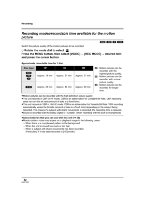 Page 52Recording
52LSQT1093
Recording modes/recordable time available for the motion 
picture
(RAM) (-RW) (-R) (-R\DL)
Switch the picture quality of the motion pictures to be recorded.
¬
Rotate the mode dial to select  .
Press the MENU button, then select [VIDEO] 
# [REC MODE] # desired item 
and press the cursor button.
Approximate recordable time for 1 disc
≥Motion pictures can be recorded with the high definition picture quality.
≥This unit records in CBR in HF mode. CBR is an abbreviation for Constant Bit...