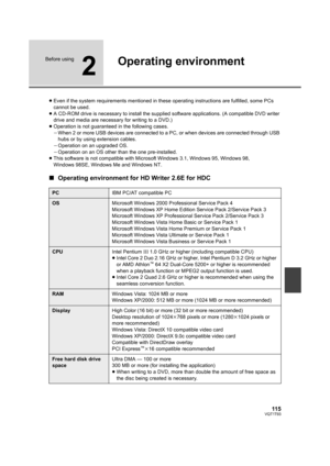 Page 11511 5VQT1T93
Before using
2
Operating environment
≥Even if the system requirements mentioned in these operating instructions are fulfilled, some PCs 
cannot be used.
≥A CD-ROM drive is necessary to install the supplied software applications. (A compatible DVD writer 
drive and media are necessary for writing to a DVD.)
≥Operation is not guaranteed in the following cases.
jWhen 2 or more USB devices are connected to a PC, or when devices are connected through USB 
hubs or by using extension cables....