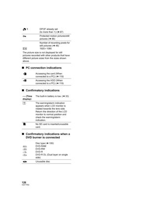 Page 126126VQT1T93
∫PC connection indications
∫Confirmatory indications
∫Confirmatory indications when a 
DVD burner is connected
1DPOF already set
(to more than 1) (l87)
Protected motion pictures/still 
pictures (l86)
Number of recording pixels for 
still pictures (l48)
1920k1080
The picture size is not displayed for still 
pictures recorded with other products that have 
different picture sizes from the sizes shown 
above.
Accessing the card (When 
connected to a PC) (l119)
Accessing the HDD (When 
connected...