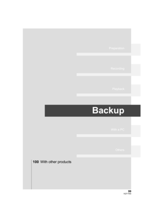 Page 9999VQT1T93
Preparation
Recording
Playback
Backup
With a PC
Others
100With other products
HDCHS100P-VQT1T93_ENG.book  99 ページ  ２００８年７月１４日　月曜日　午後１時３６分 