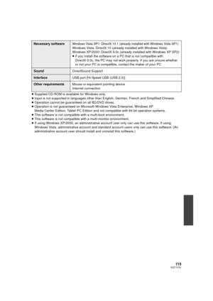 Page 11511 5VQT1Y31
≥Supplied CD-ROM is available for Windows only.
≥ Input is not supported in languages other than English, German, French and Simplified Chinese.
≥ Operation cannot be guaranteed on all BD/DVD drives.
≥ Operation is not guaranteed on Microsoft Windows Vista Enterprise, Windows XP 
Media Center Edition, Tablet PC Edition and not compatible with 64 bit operation systems.
≥ This software is not compatib le with a multi-boot environment.
≥ This software is not compatible with a multi-monitor...