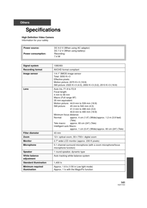 Page 141141VQT1Y31
Others
Specifications
High Definition Video Camera
Information for your safetyPower source:
Power consumption: DC 9.3 V (When using AC adaptor)
DC 7.2 V (When using battery)
Recording:
7.4 W
Signal system
1080/60i
Recording formatAVCHD format compliant
Image sensor1/4.1z 3MOS image sensor
Total: 3050 K k3
Effective pixels:
Motion picture: 2070 K k3 (16:9)
Still picture: 2320 K k3 (4:3), 2650 K k3 (3:2), 2510 K k3 (16:9)
Lens Auto Iris, F1.8 to F2.8
Focal length:
4 mm to 48 mm
Macro (Full range...