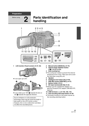 Page 1717VQT1Y31
Preparation
Before using
2
Parts identification and 
handling
1 LCD monitor (Touch screen) (l27, 35)
≥ It can open up to 90 o.
≥ It can rotate up to 180 o A  towards the lens or 
90o  B towards the opposite direction. 2 Manual button [MANUAL] (
l70)
3 Optical image stabilizer button 
[ , O.I.S.] ( l55)
4 Inlet (cooling fan)
≥ The cooling fan rotates to prevent the internal 
temperature from rising. Take care not to cover 
the inlet when using this unit.
5 Speaker
6 Intelligent auto button [iA]...