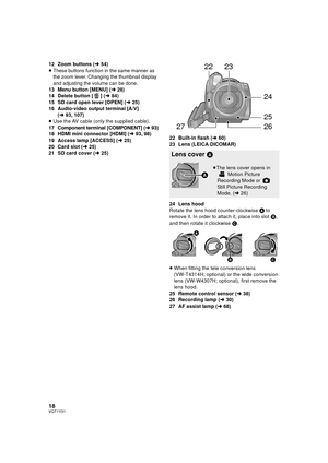 Page 1818VQT1Y31
12 Zoom buttons (l54)
≥These buttons function in the same manner as 
the zoom lever. Changing the thumbnail display 
and adjusting the volume can be done.
13 Menu button [MENU] ( l28)
14 Delete button [ ] ( l84)
15 SD card open lever [OPEN] ( l25)
16 Audio-video output terminal [A/V]  (l93, 107)
≥ Use the AV cable (only the supplied cable).
17 Component terminal [COMPONENT] (l93)18 HDMI mini connector [HDMI] ( l93, 98)
19 Access lamp [ACCESS] ( l25)
20 Card slot ( l25)
21 SD card cover ( l25)...