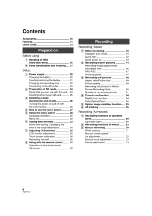 Page 88VQT1Y31
Accessories..................................................  10
Features ........................................................  11
Quick Guide..................................................  12
Preparation
Before using
[1]Handling of HDD 
(Hard disk drive) ................................  15
[2] Parts identification and handling .....  17
Setup
[1]Power supply .....................................  20
Charging the battery ............................  20
Inserting/removing the battery...