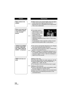 Page 138138VQT2M75
Object seems to be 
warped.≥
Object seems to be warped slightly when the object 
moves across the image very fast, but this is 
because the unit is using MOS for the image sensor. 
This is not a malfunction.
White round spots like 
soap bubbles appear 
on the recorded 
picture. ≥
If you take a picture 
with the flash in a dark 
place or indoors, white 
round spots may 
appear on the picture 
caused by the flash 
reflecting of particles of dust in the air. This is not a 
malfunction.
A...