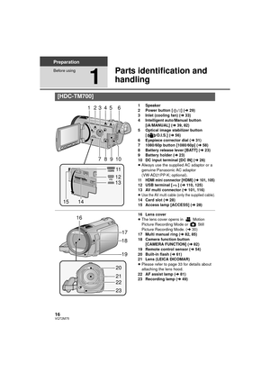 Page 1616VQT2M75
Preparation
Before using
1
Parts identification and 
handling
1 Speaker
2 Power button [ ] (l29)
3 Inlet (cooling fan) ( l33)
4 Intelligent auto/Manual button  [iA/MANUAL] ( l39, 82)
5 Optical image stabilizer button  [ /O.I.S.] ( l56)
6 Eyepiece corrector dial ( l31)
7 1080/60p button [1080/60p] ( l58)
8 Battery release lever [BATT] ( l23)
9 Battery holder ( l23)
10 DC input terminal [DC IN] ( l26)
≥ Always use the supplied AC adaptor or a 
genuine Panasonic AC adaptor 
(VW-AD21PP-K;...