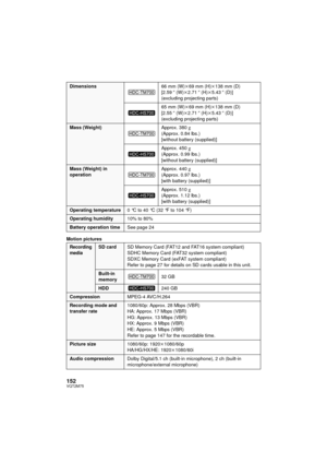 Page 152152VQT2M75
Motion pictures
Dimensions66 mm (W)k69 mm (H)k138 mm (D)
[2.59 q (W) k2.71 q (H) k5.43 q (D)]
(excluding projecting parts)
65 mm (W)k 69 mm (H)k138 mm (D)
[2.55 q (W) k2.71 q (H) k5.43 q (D)]
(excluding projecting parts)
Mass (Weight) Approx. 380g(Approx. 0.84 lbs.)
[without battery (supplied)]
Approx. 450
g(Approx. 0.99 lbs.)
[without battery (supplied)]
Mass (Weight) in 
operationApprox. 440g(Approx. 0.97 lbs.)
[with battery (supplied)]
Approx. 510
g(Approx. 1.12 lbs.)
[with battery...