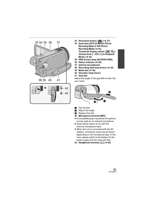 Page 2121VQT2M75
33 Photoshot button [ ] (l37)
34Zoom lever [W/T] (In Motion Picture 
Recording Mode or Still Picture 
Recording Mode) (
l 55)Thumbnail display switch [ / ]/
Volume lever [ sVOL r] (In Playback 
Mode) ( l43)
35 HDD access lamp [ACCESS HDD]
36 Status indicator ( l29)
37 Internal microphones
38 Recording start/stop button (l 35)
39 Mode dial ( l30)
40 Shoulder strap fixture
41 Grip belt
Adjust the length of the grip belt so that it fits 
your hand.
1 Flip the belt.
2 Adjust the length.
3 Replace...