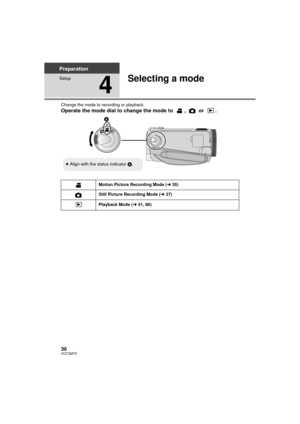 Page 3030VQT2M75
Preparation
Setup
4
Selecting a mode
Change the mode to recording or playback.
Operate the mode dial to change the mode to  ,   or  .
Motion Picture Recording Mode (l35)
Still Picture Recording Mode ( l37)
Playback Mode ( l41, 86)
≥Align with the status indicator  A.
HDC-TM700&HS700P&PC-VQT2M75_mst.book  30 ページ  ２０１０年２月２３日　火曜日　午前１０時３４分 