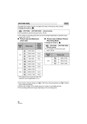 Page 7878VQT2M75
The higher the number of pixels, the higher the clarity of the picture when printing.
≥Change the mode to  .
≥ The number of recording pixels that can be set changes depending on selected screen 
aspect ratio. ( l79)
∫ Picture size and Maximum 
zoom ratio
* Extra optical zoom cannot be used. The 
maximum zoom magnification is 12 k.
∫ Picture size in Motion Picture 
Recording Mode
≥Change the mode to  .
≥This function’s default settings are   in Still Picture Recording Mode and   in Motion...