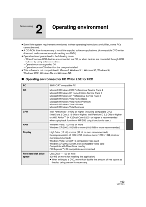 Page 103103VQT1N74
Before using
2
Operating environment
≥Even if the system requirements mentioned in these operating instructions are fulfilled, some PCs 
cannot be used.
≥A CD-ROM drive is necessary to install the supplied software applications. (A compatible DVD writer 
drive and media are necessary for writing to a DVD.)
≥Operation is not guaranteed in the following cases.
jWhen 2 or more USB devices are connected to a PC, or when devices are connected through USB 
hubs or by using extension cables....