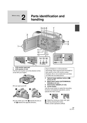 Page 1717VQT1N74
Before using
2
Parts identification and 
handling
1 LCD monitor open part
2 LCD monitor (l34)
Pull the LCD monitor out in the direction of the 
arrow with your fingers.
≥It can open up to 90o.
≥It can rotate up to 180o A towards the lens or 
90o B towards the opposite direction.3 Optical image stabilizer button [ , 
O.I.S.] (l47)
4 Mode select switch [AUTO/MANUAL/
FOCUS] (l37, 61)
5 Reset button [RESET] (l123)
6 Cursor button
Use the cursor button to select the recording 
functions and playback...