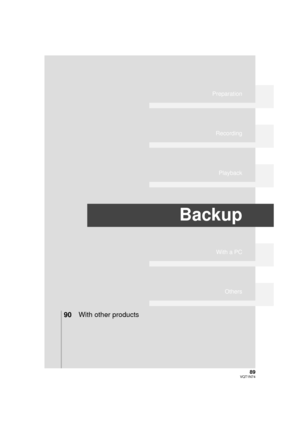 Page 8989VQT1N74
Preparation
Recording
Playback
Backup
With a PC
Others
90With other products
HDCHS9P-VQT1N74_ENG.book  89 ページ  ２００７年１２月２５日　火曜日　午後８時４３分 