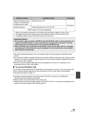 Page 109109VQT1T64
*1 Refer to the operating instructions of HD Writer 2.6E (PDF file) for details on how to use it.
*2 Compatible media are SD card and discs (DVD-RAM, DVD-RW, DVD-R and DVD-R DL).
*3 Compatible media are discs (DVD-RW, DVD-R and DVD-R DL).
≥We cannot guarantee operation if you use software other than that supplied to read/write motion 
picture.
≥Do not start the software supplied with this unit and other software at the same time. Close any other 
software if you start the software supplied...