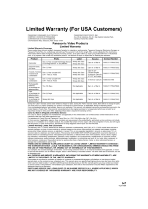 Page 147147VQT1T64
Limited Warranty (For USA Customers)
Panasonic Video Products 
Limited Warranty 
Product
Camcorder
DVD/VCR Deck,
A/V Mixer 
TV/VCR, TV/DVD,
TV/DVD/VCR
Combination 
TV/HDR
Combination
Rechargeable
Batteries
(in exchange for
defective item)  
Tape
(in exchange for
defective item)   
Memory Cards
(in exchange for
defective item)   
LaborNinety (90) Days 
Ninety (90) Days 
Ninety (90) Days 
Ninety (90) Days 
Ninety (90) Days 
Ninety (90) Days 
Ninety (90) Days 
Not Applicable 
Not Applicable 
Not...