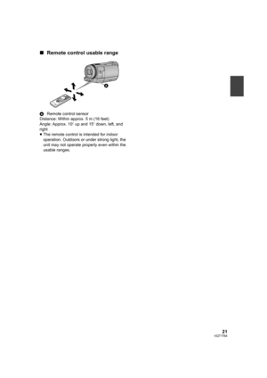 Page 2121VQT1T64
∫Remote control usable range
ARemote control sensor
Distance: Within approx. 5 m (16 feet)
Angle: Approx. 10o up and 15o down, left, and 
right
≥The remote control is intended for indoor 
operation. Outdoors or under strong light, the 
unit may not operate properly even within the 
usable ranges.
HDCSD100P-VQT1T64_ENG.book  21 ページ  ２００８年７月１４日　月曜日　午後８時２分 