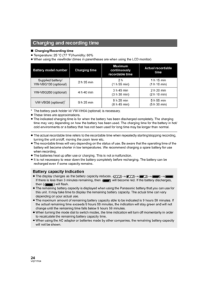 Page 2424VQT1T64
∫Charging/Recording time
≥Temperature: 25oC (77oF)/humidity: 60%
≥When using the viewfinder (times in parentheses are when using the LCD monitor)
* The battery pack holder kit VW-VH04 (optional) is necessary.
≥These times are approximations.
≥The indicated charging time is for when the battery has been discharged completely. The charging 
time may vary depending on how the battery has been used. The charging time for the battery in hot/
cold environments or a battery that has not been used for...