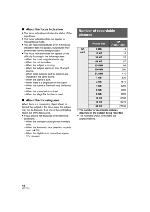 Page 4848VQT1T64
∫About the focus indication
≥The focus indication indicates the status of the 
auto focus.
≥The focus indication does not appear in 
manual focus mode.
≥You can record still pictures even if the focus 
indication does not appear, but pictures may 
be recorded without being focused.
≥The focus indication does not appear or has 
difficulty focusing in the following cases.
jWhen the zoom magnification is high.
jWhen the unit is shaken.
jWhen the subject is moving.
jWhen the subject stands in front...