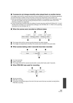 Page 131131VQT2H52
∫If scenes do not change smoothly when played back on another device
The images may be still for several seconds at the joins between the scenes if the following operations 
are performed when multiple scenes have be en continuously played back using another unit.
≥ Just how smoothly the scenes will be played back depends on the playback unit. Depending on the 
unit used, the images may stop moving and become still for a moment even when none of the 
following conditions are applicable.
≥ It...