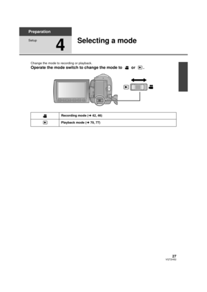 Page 2727VQT2H52
Preparation
Setup
4
Selecting a mode
Change the mode to recording or playback.
Operate the mode switch to change the mode to   or  .
Recording mode (l42, 46)
Playback mode ( l70, 77)
HDCSD10_TM10_TM15P-VQT2H52_eng.book  27 ページ  ２００９年７月６日　月曜日　午後１時４６分 