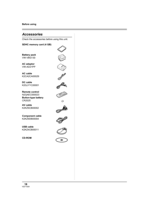 Page 1818VQT1A24
Before using
Accessories
Check the accessories before using this unit.
SDHC memory card (4 GB)
Battery pack
VW-VBG130
AC adaptor
VW-AD21PP
AC cable
K2CA2CA00029
DC cable
K2GJYYC00001
Remote control
N2QAEC000023
Button-type battery
CR2025
AV cable
K2KZ9CB00002
Component cable
K2KZ9DB00004
USB cable
K2KZ4CB00011
CD-ROM
VQT1A24_ENG_PP.book  18 ページ  ２００７年１月２１日　日曜日　午後１時１７分 