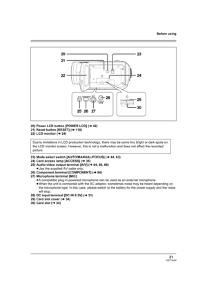 Page 21Before using
21VQT1A24
20) Power LCD button [POWER LCD] (l42)
21) Reset button [RESET] (l118)
22) LCD monitor (l24)
23) Mode select switch [AUTO/MANUAL/FOCUS] (l44, 63)
24) Card access lamp [ACCESS] (l35)
25) Audio-video output terminal [A/V] (l84, 86, 89)
≥Use the supplied AV cable only.
26) Component terminal [COMPONENT] (l84)
27) Microphone terminal [MIC]
≥A compatible plug-in powered microphone can be used as an external microphone.
≥When the unit is connected with the AC adaptor, sometimes noise may...