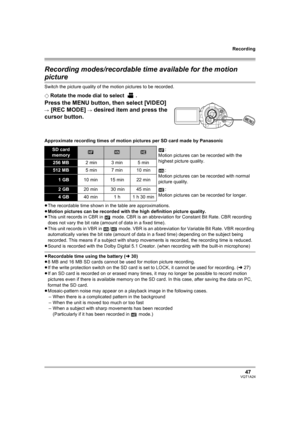 Page 47Recording
47VQT1A24
Recording modes/recordable time available for the motion 
picture
Switch the picture quality of the motion pictures to be recorded.
¬
Rotate the mode dial to select  .
Press the MENU button, then select [VIDEO] 
# [REC MODE] # desired item and press the 
cursor button.
Approximate recording times of motion pictures per SD card made by Panasonic
≥The recordable time shown in the table are approximations.
≥Motion pictures can be recorded with the high definition picture quality.
≥This...