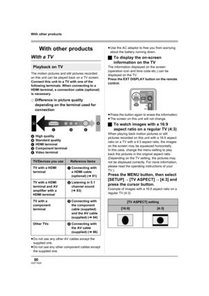 Page 8080VQT1A24
With other products
With other products
With a TV
The motion pictures and still pictures recorded 
on this unit can be played back on a TV screen.
Connect this unit to a TV with one of the 
following terminals. When connecting to a 
HDMI terminal, a connection cable (optional) 
is necessary.
¬
Difference in picture quality 
depending on the terminal used for 
connection
AHigh quality
BStandard quality
CHDMI terminal
DComponent terminal
EVideo terminal
≥Do not use any other AV cables except the...