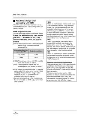 Page 8282VQT1A24
With other products
ªAbout the settings when 
connecting with HDMI
When this unit is connected to another device 
with a HDMI cable, the output setting on this unit 
can be changed.
HDMI output resolution
You can switch the method to output the images.
Press the MENU button, then select 
[SETUP] 
# [HDMI RESOLUTION] # 
desired item and press the cursor 
button.
[AUTO]:The output resolution is automatically set 
based on the information from the 
connected TV.
[1080i]: The interlace method with...