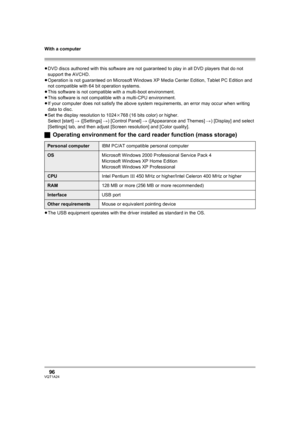 Page 96With a computer
96VQT1A24
≥DVD discs authored with this software are not guaranteed to play in all DVD players that do not 
support the AVCHD. 
≥Operation is not guaranteed on Microsoft Windows XP Media Center Edition, Tablet PC Edition and 
not compatible with 64 bit operation systems.
≥This software is not compatible with a multi-boot environment.
≥This software is not compatible with a multi-CPU environment.
≥If your computer does not satisfy the above system requirements, an error may occur when...