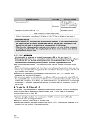 Page 118118VQT1Y00
*1 Refer to the operating instructions of HD Writer AE 1.0 (PDF file) for details on how to use it.
≥/
It is impossible to write data to the built-in memory or HDD on this unit from a PC.
≥ Motion pictures that have been recorded on another device cannot be written to the software 
supplied with this unit. To write motion picture data recorded with the Panasonic High 
Definition Video Camera sold previously, use the HD Writer supplied with the unit.
≥ We cannot guarantee operation if you use...