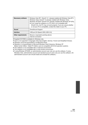 Page 121121VQT1Y00
≥Supplied CD-ROM is available for Windows only.
≥ Input is not supported in languages other than English, German, French and Simplified Chinese.
≥ Operation cannot be guaranteed on all BD/DVD drives.
≥ Operation is not guaranteed on Microsoft Windows Vista Enterprise, Windows XP 
Media Center Edition, Tablet PC Edition and not compatible with 64 bit operation systems.
≥ This software is not compatible with a multi-boot environment.
≥ This software is not compatible with a multi-monitor...