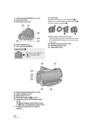 Page 1818VQT1Y00
17 Access lamp [ACCESS] (l15, 30)
18 Card slot ( l30)
19 SD card cover ( l30)
20 Built-in flash ( l71)
21 Lens (LEICA DICOMAR) 22 Lens hood
Rotate the lens hood counter-clockwise 
A to 
remove it. In order to attach it, place into slot  B, 
and then rotate it clockwise C .
≥ When fitting the tele conversion lens 
(VW-T4314H; optional) or the wide conversion 
lens (VW-W4307H; optional), first remove the 
lens hood.
23 Remote control sensor ( l44)
24 Recording lamp ( l36)
25 Video light ( l60)
26...