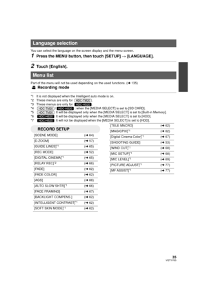 Page 3535VQT1Y00
You can select the language on the screen display and the menu screen.
1Press the MENU button, then touch [SETUP] # [LANGUAGE].
2Touch [English].
Part of the menu will not be used depending on the used functions. ( l135)
Recording mode
*1 It is not displayed when the Intelligent auto mode is on.
*2 These menus are only for  .
*3 These menus are only for  .
*4 /: when the [MEDIA SELECT] is set to [SD CARD].
*5  It will be displayed only when the [MEDIA SELECT] is set to [Built-in Memory].
*6  It...