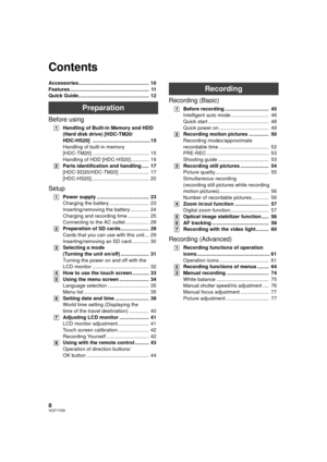 Page 88VQT1Y00
Accessories..................................................  10
Features ........................................................  11
Quick Guide..................................................  12
Preparation
Before using
[1]Handling of Built-in Memory and HDD 
(Hard disk drive) [HDC-TM20/
HDC-HS20] ......................................... 15
Handling of built-in memory 
[HDC-TM20] ........................................  15
Handling of HDD [HDC-HS20].............  16
[2] Parts...